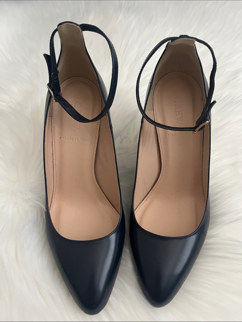 J. Crew Navy Leather Pointed-Toe Ankle-Strap Pumps
